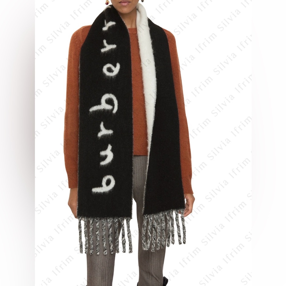 Burberry Black and White Logo Fringe Scarf